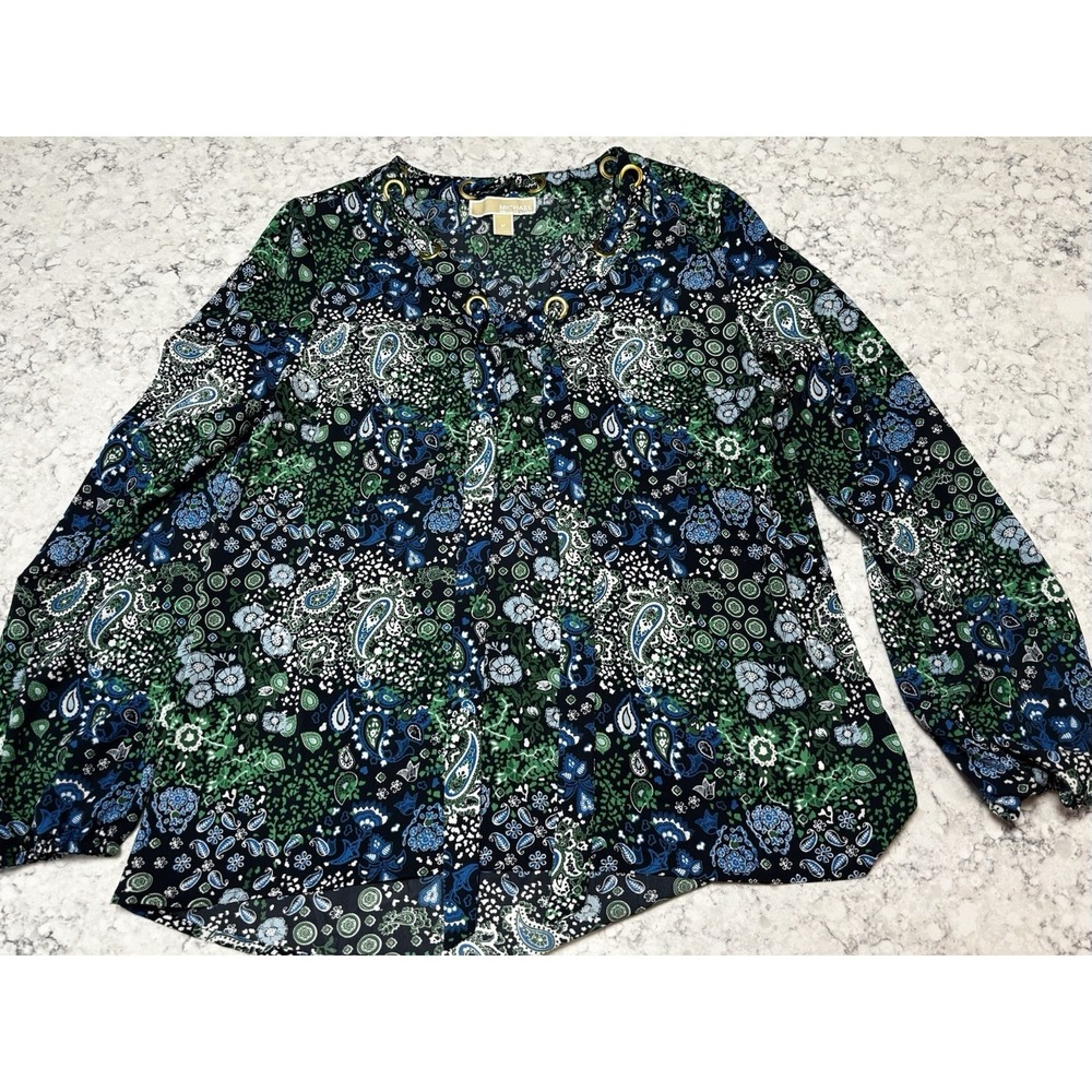 Michael Michael Kors Women Medium Paisley Lace-Up Peasant Blouse Blue Green M